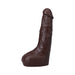 Chocolate-colored realistic 9.5-inch dildo with textured veins and suction cup base for hands-free use.