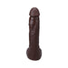 Chocolate-colored realistic 9.5-inch dildo with textured veins and suction cup base for hands-free use.