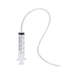 Clear plastic syringe with attached flexible tubing for squirting feature of the dildo.