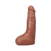 Realistic 9.5-inch caramel-colored dildo with textured veins and suction cup base for hands-free use.