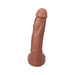 Caramel-colored realistic 9.5-inch dildo with textured veins and suction cup base for hands-free use.