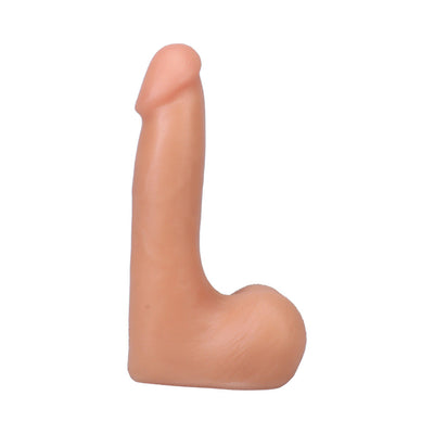 Vanilla-colored 7-inch realistic dildo with detailed texture and attached balls, standing upright on white background.