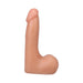 Vanilla-colored 7-inch realistic dildo with detailed texture and attached balls, standing upright on white background.
