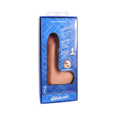 7-inch realistic vanilla-colored dildo with balls in blue Doc Johnson Ultraskyn packaging, dual density design.