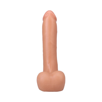 Vanilla-colored 9-inch realistic dildo with detailed texture and suction cup base on white background.