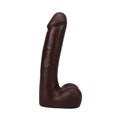 Chocolate-colored realistic 9-inch dildo with detailed texture and suction cup base for hands-free use.
