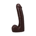 Chocolate-colored realistic 9-inch dildo with detailed texture and suction cup base for hands-free use.