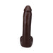 Chocolate-colored realistic 9-inch dildo with textured veins and suction cup base for hands-free use.