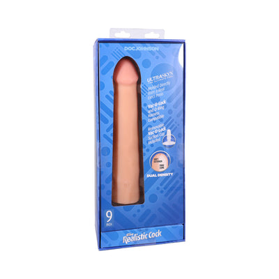9-inch realistic vanilla-colored dildo in blue packaging with Vac-U-Lock compatibility and dual density design.