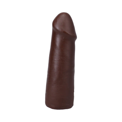 5-inch realistic chocolate-colored dildo with smooth texture and suction cup base on white background