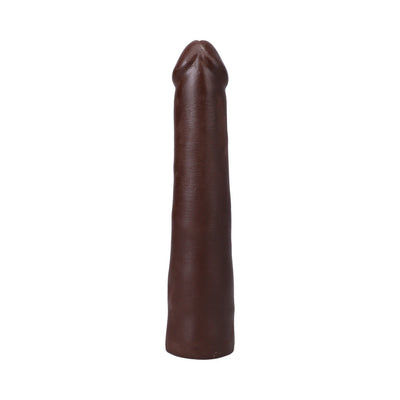 Chocolate-colored realistic 9-inch dildo with smooth texture and detailed head, made from soft Ultraskyn material.