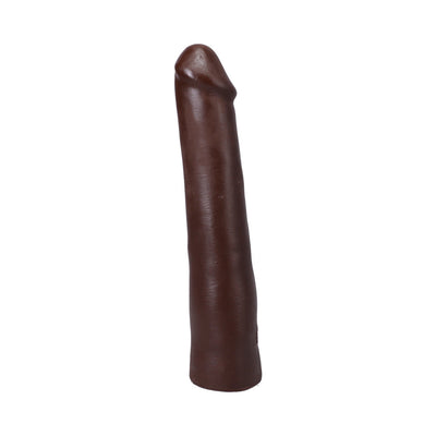 Chocolate-colored realistic 9-inch dildo with detailed texture and smooth finish on white background.