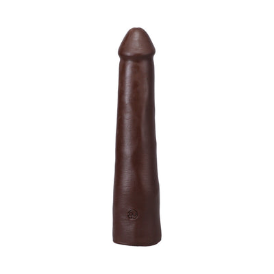 Chocolate-colored 9-inch realistic dildo with smooth texture and subtle veining, made from body-safe Ultraskyn material.