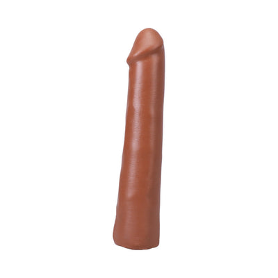 Caramel-colored 9-inch realistic dildo with lifelike texture and smooth finish, made from body-safe Ultraskyn material.