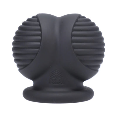 Black silicone ball stretcher with ribbed sides and a flared base for comfort and support.