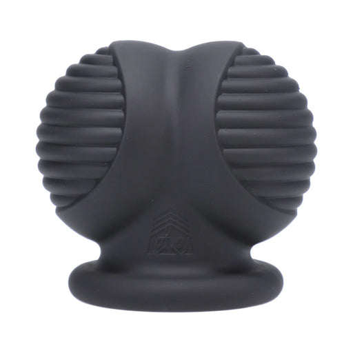 Black silicone ball stretcher with ribbed sides and a flared base for comfort and support.