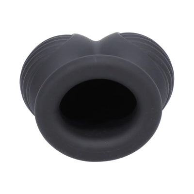 Black silicone ball stretcher with ribbed sides and wide opening for comfort and support.