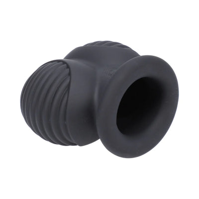 Black silicone ball stretcher with ribbed texture and wide opening for comfort and support.