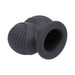 Black silicone ball stretcher with ribbed texture and wide opening for comfort and support.