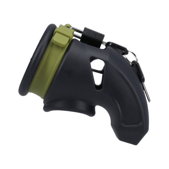Black and green flexible silicone male chastity cage with adjustable ring and small padlock on white background.