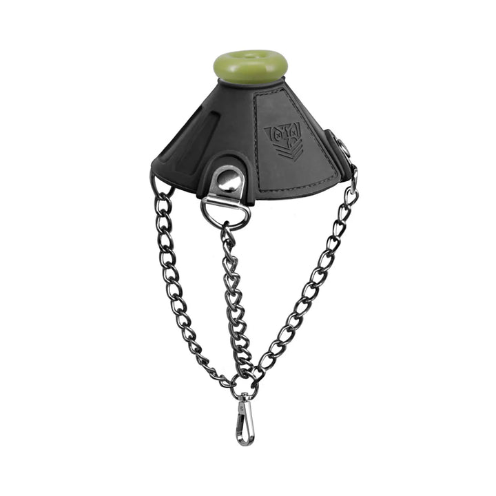 Black silicone ball chute with green ring top and attached silver chains with clip for secure fastening.