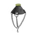 Black silicone ball chute with green ring top and attached silver chains with clip for secure fastening.
