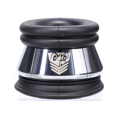 Black silicone and polished metal ring with logo, designed for comfortable and secure wear.