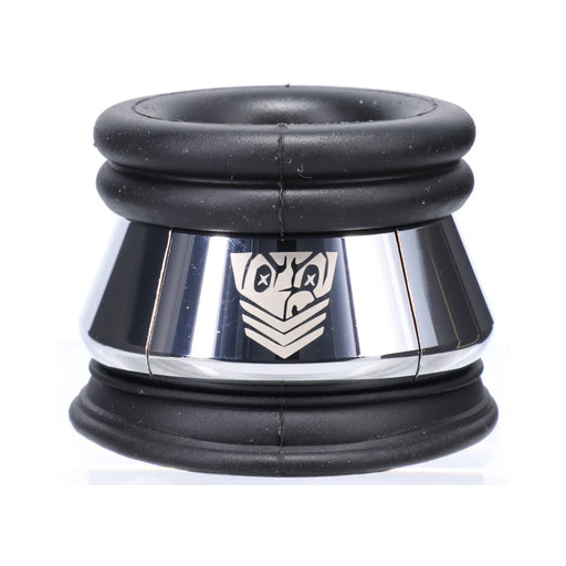 Black silicone and polished metal ring with logo, designed for comfortable and secure wear.