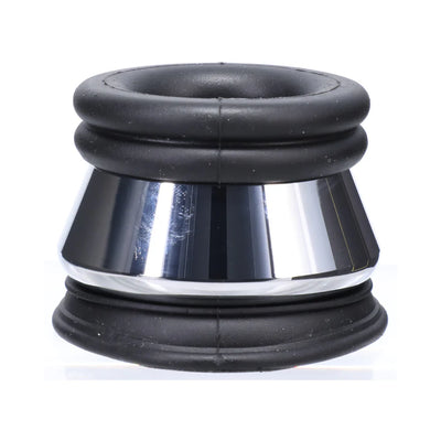 Black silicone and polished metal ring designed for comfortable and secure support.
