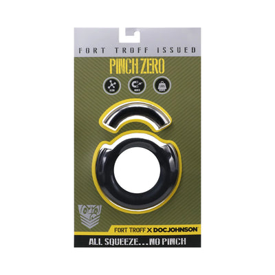 Black silicone Pinch Zero Ring with magnetic lock in green and yellow Fort Troff x Doc Johnson packaging.
