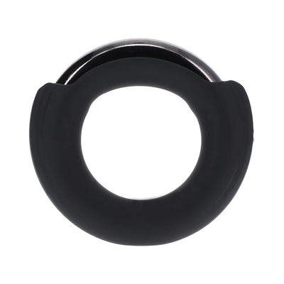 Black silicone-covered metal ring with wide opening and smooth, cushioned design for comfortable wear.