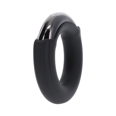 Black silicone ring with a smooth, shiny metal core and wide opening for comfortable wear.