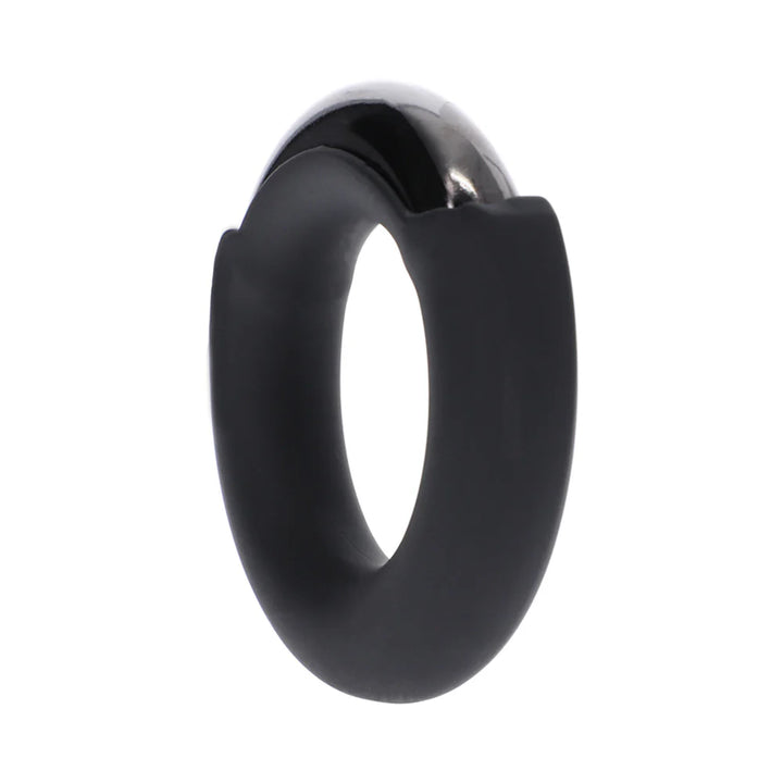 Black silicone ring with a smooth, weighted metal top and a wide, comfortable design.