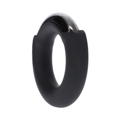 Black silicone ring with a smooth, weighted metal top and a wide, comfortable design.