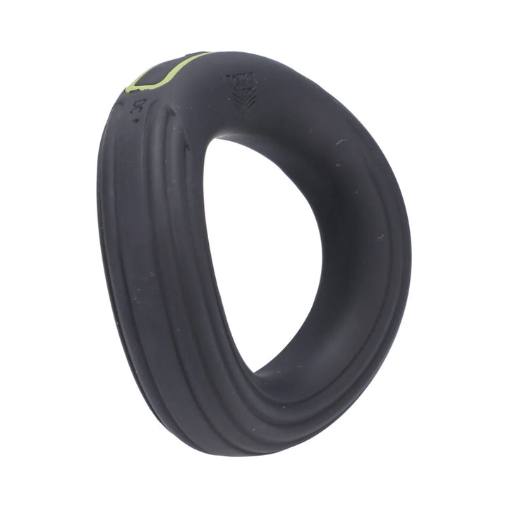 Black ergonomic flexible vibrating cock ring with textured grip and green accent detail.