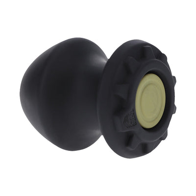 Large black silicone Kum Keeper with tapered tip and removable stopper for secure liquid retention.