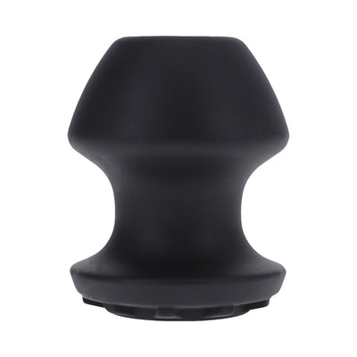 Large black silicone tapered plug with a removable stopper and open center for filling and easy cleaning.