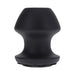 Large black silicone tapered plug with a removable stopper and open center for filling and easy cleaning.