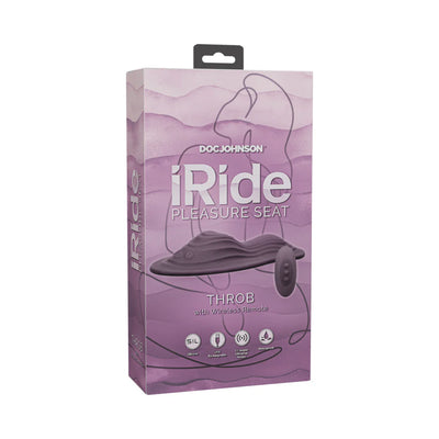 Packaging box of the dusty purple iRide Pleasure Seat Throb with wireless remote by Doc Johnson.