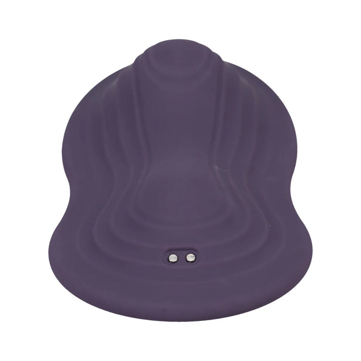 Dusty purple silicone iRide Pleasure Seat Throb with contoured saddle shape and magnetic charging points.