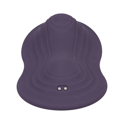 Dusty purple silicone iRide Pleasure Seat Throb with contoured saddle shape and magnetic charging points.