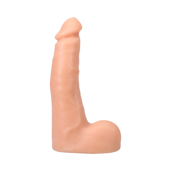 Realistic flesh-toned dildo with lifelike texture and veins, standing upright on a white background.