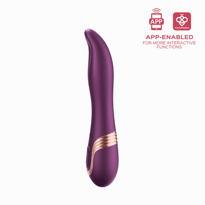 Purple curved vibrator with rose gold accents, featuring app-enabled interactive functions for personalized pleasure.