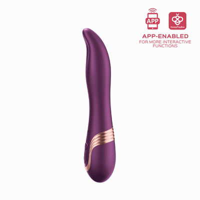 Purple curved vibrator with rose gold accents, featuring app-enabled interactive functions for personalized pleasure.