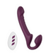Purple strapless rotating head strap-on with ergonomic design and white remote control with three buttons.