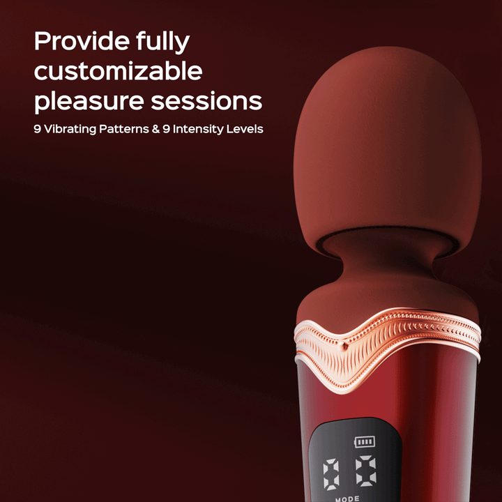 Close-up of Honey Play Box Stormi wand massager in deep red with digital display and customizable vibration settings.