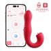 Red app-controlled thrusting vibrator with clitoral stimulator shown next to smartphone displaying control interface.