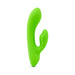 Bright green silicone mini rabbit vibrator with dual motors and ergonomic design on white background.