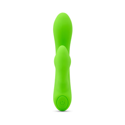 Bright green silicone mini rabbit vibrator with dual motors and a single power button on the base.