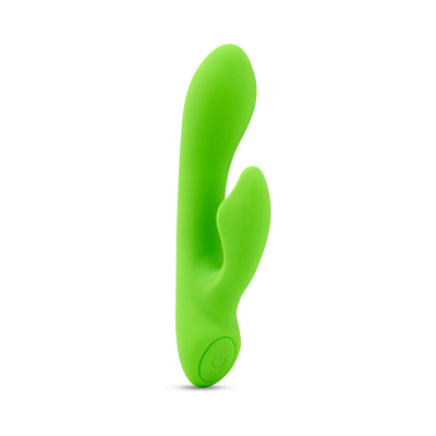 Bright green mini rabbit vibrator with dual motors and a single power button, designed for discreet pleasure.